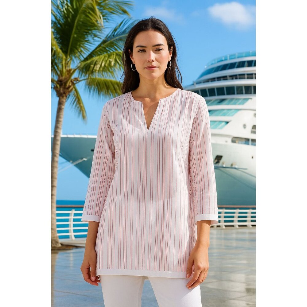 UNTUCKit Women Durfort Popover Tunic 100% Cotton White & Highlighter Pink Stripe - Picture 2 of 16